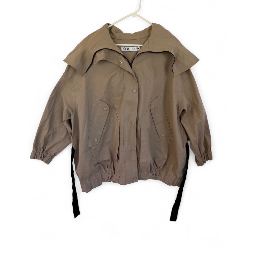 Zara Womens Oversized Trench Style Short Jacket Tan Khaki Hooded Large NEW